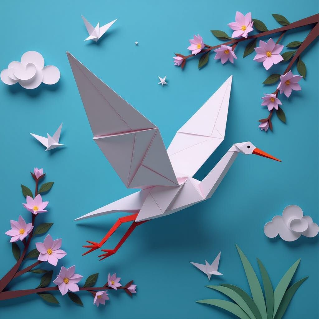 Origami Crane Soaring Through the Sky