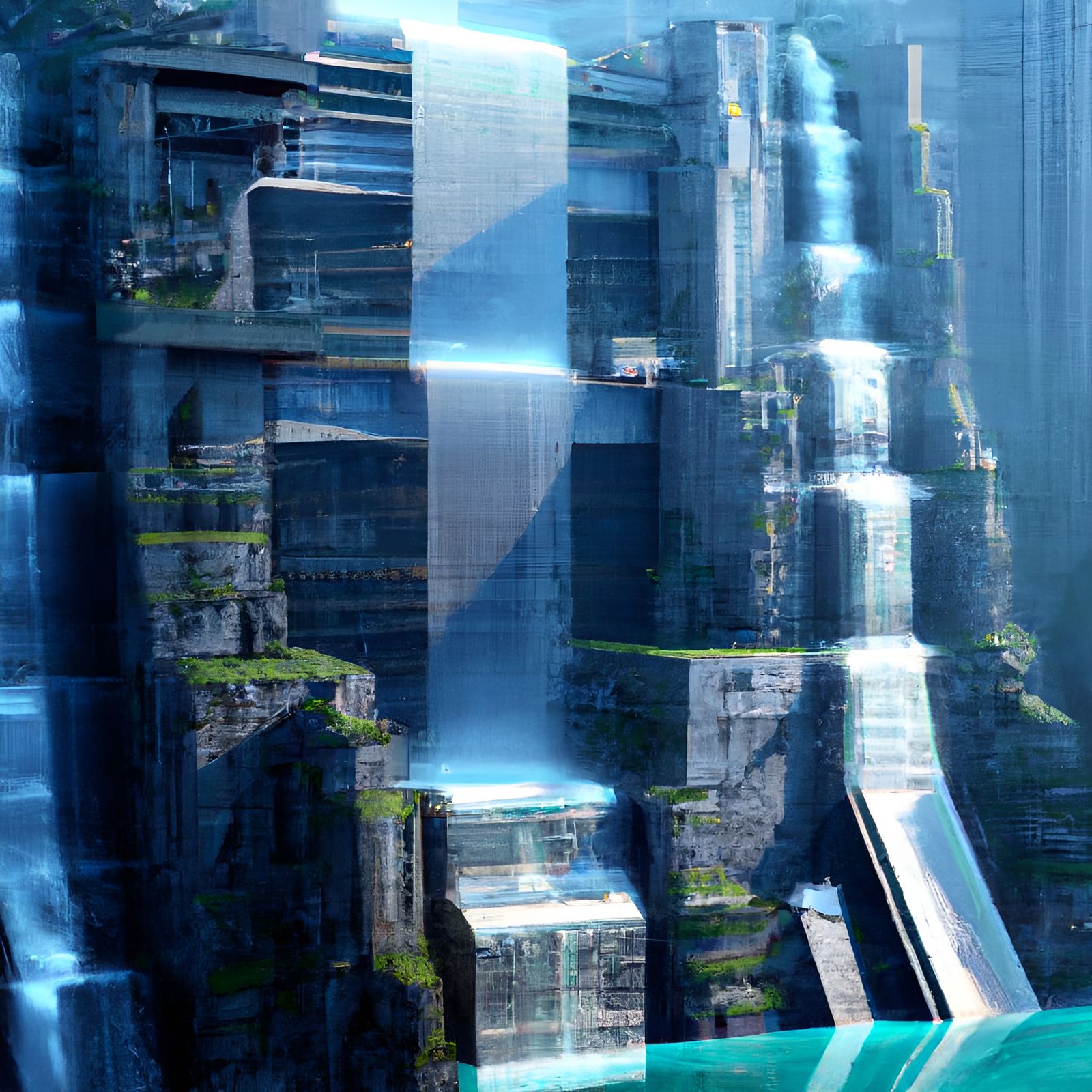 Cyberpunk Skyscraper with Waterfall in Solarpunk Style