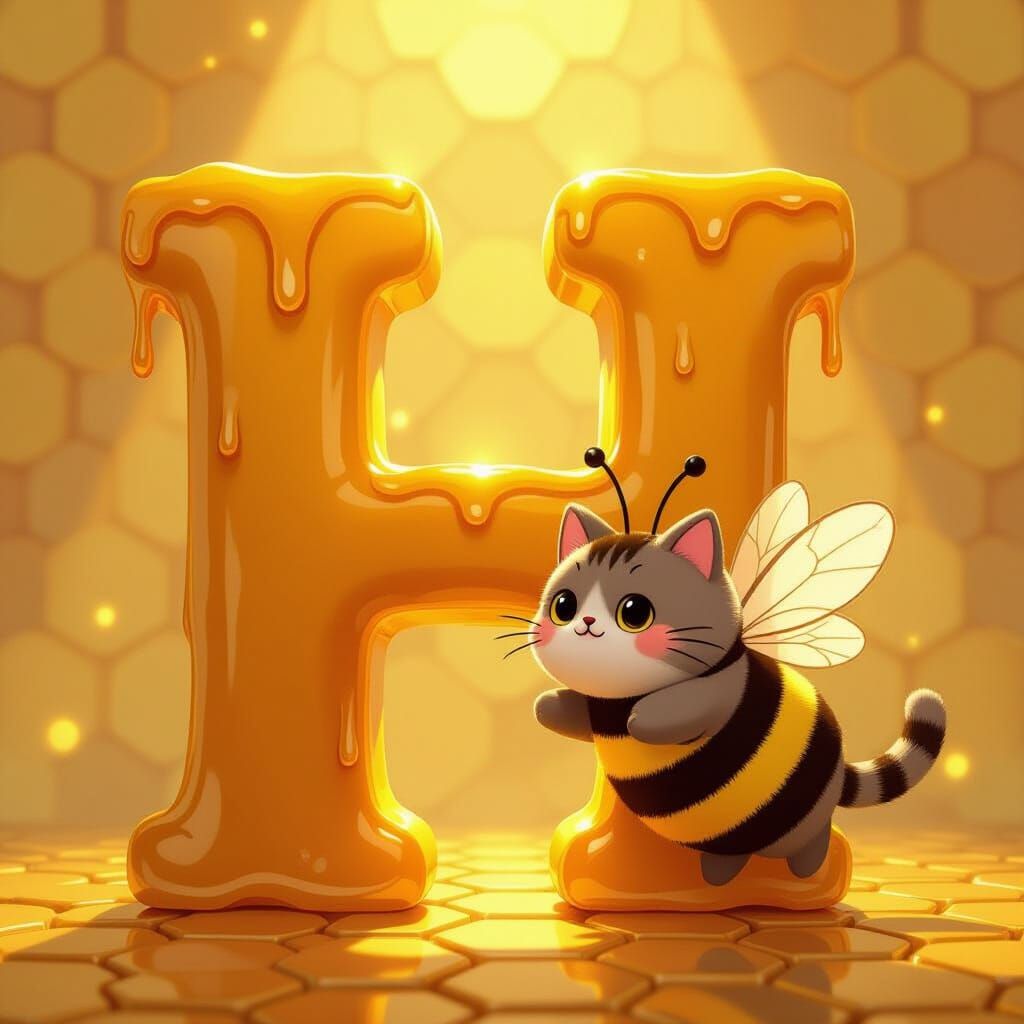Pusheen the Cat as Bee Flies Near Giant Honey 'H'