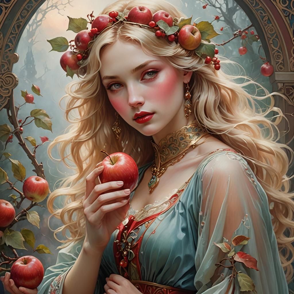Blonde Girl with Apple in Art Nouveau Style