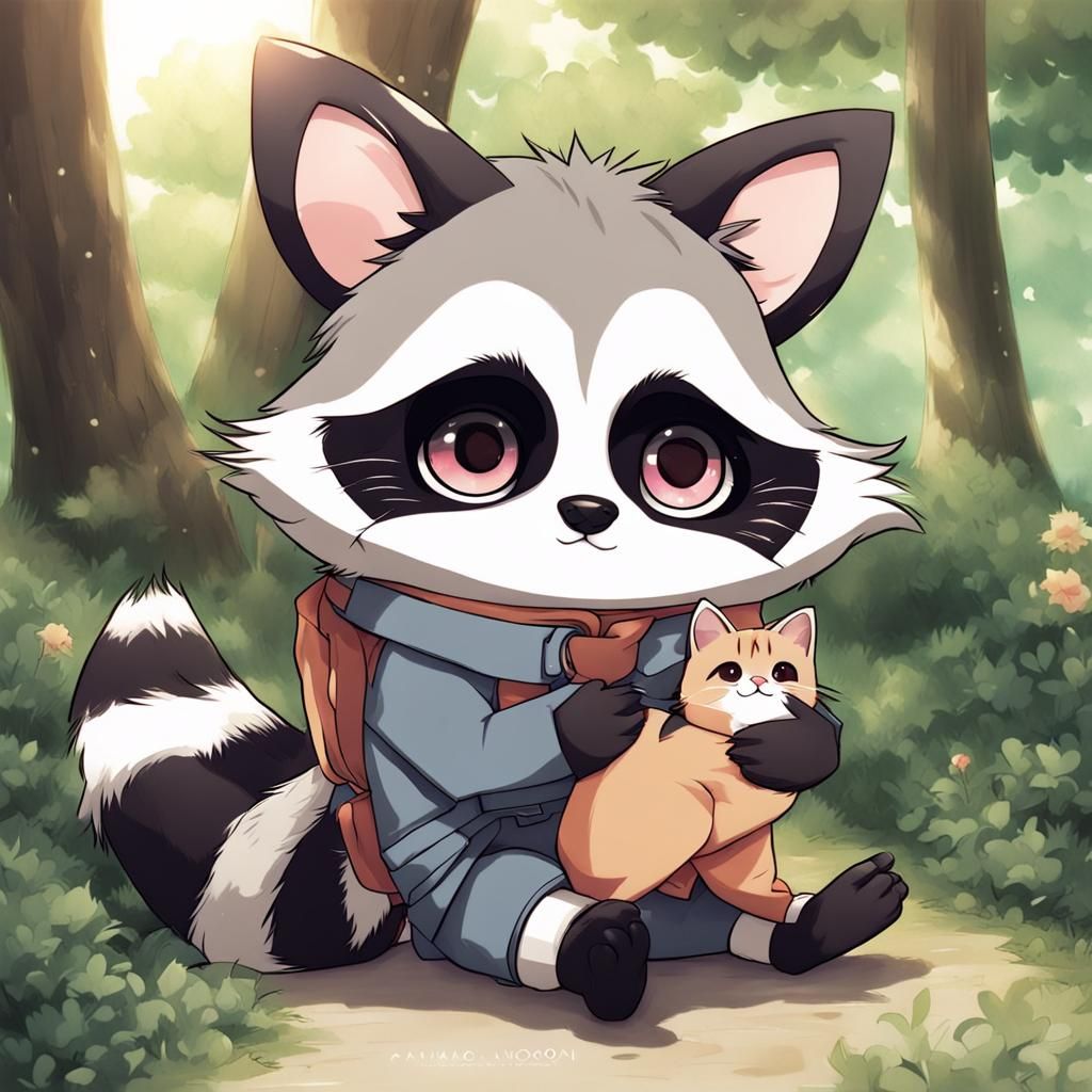Cute Raccoon and Cat in Anime Style