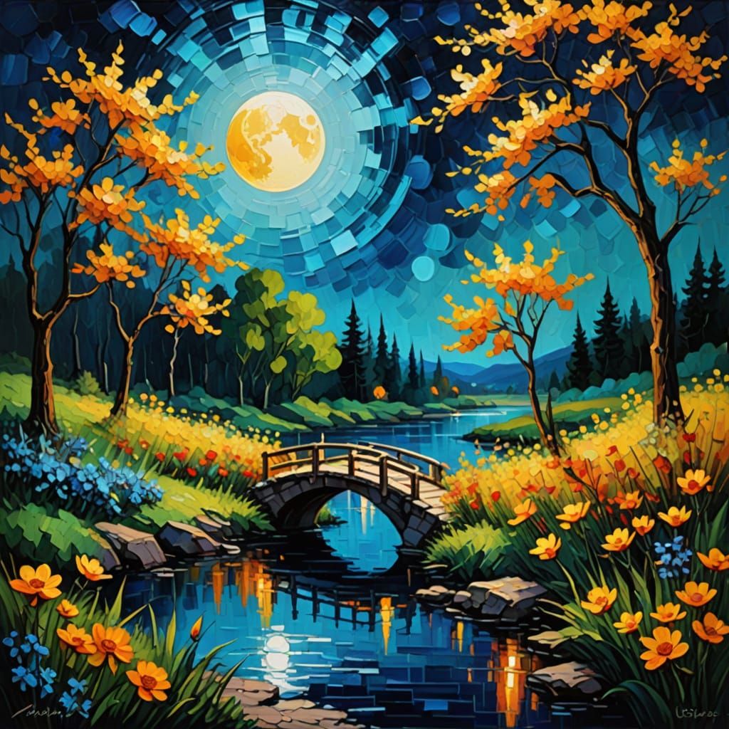 Serene Landscape with Glowing Flowers Under Giant Moon