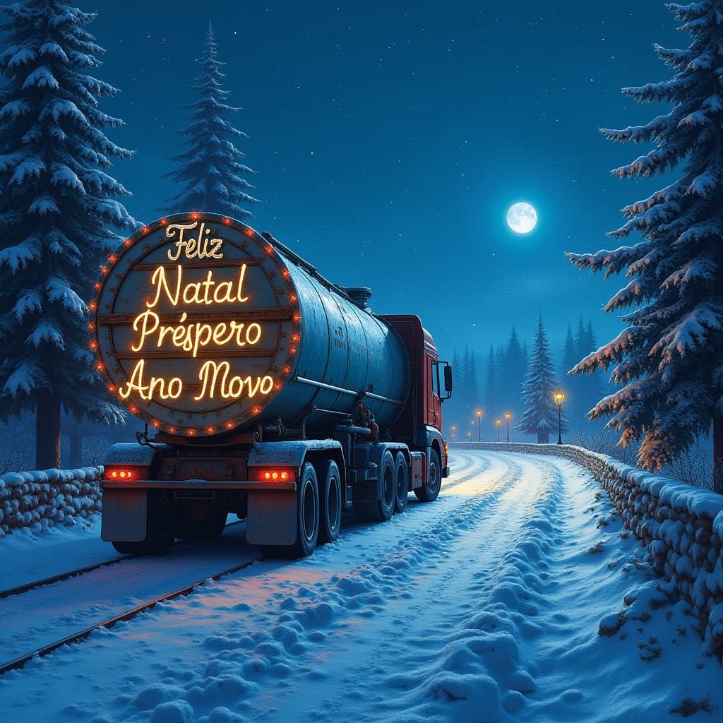 Realistic Lorry in Festive Night Scene with Deep Blues and C...