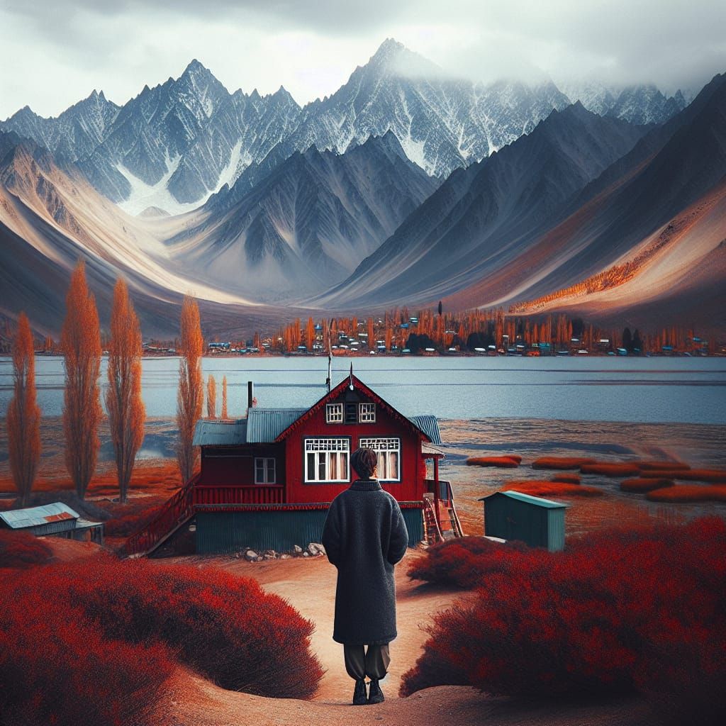 Contemplative Figure at Lakeside House with Mountain View