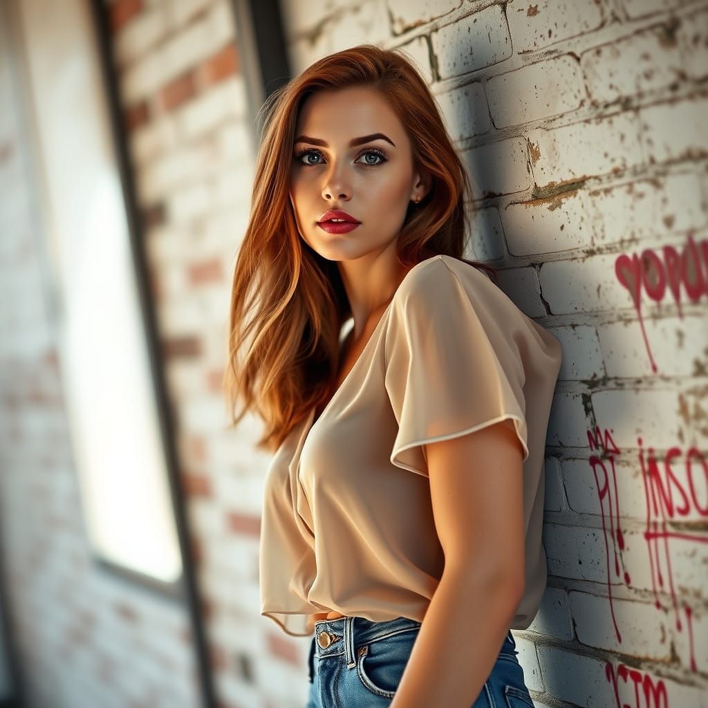 Elegant Woman Amidst Rustic Brick