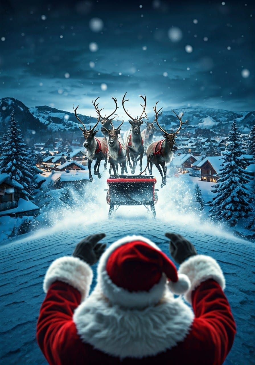 Santa's Sleigh Lands on a Rooftop in a Winter Wonderland Sce...