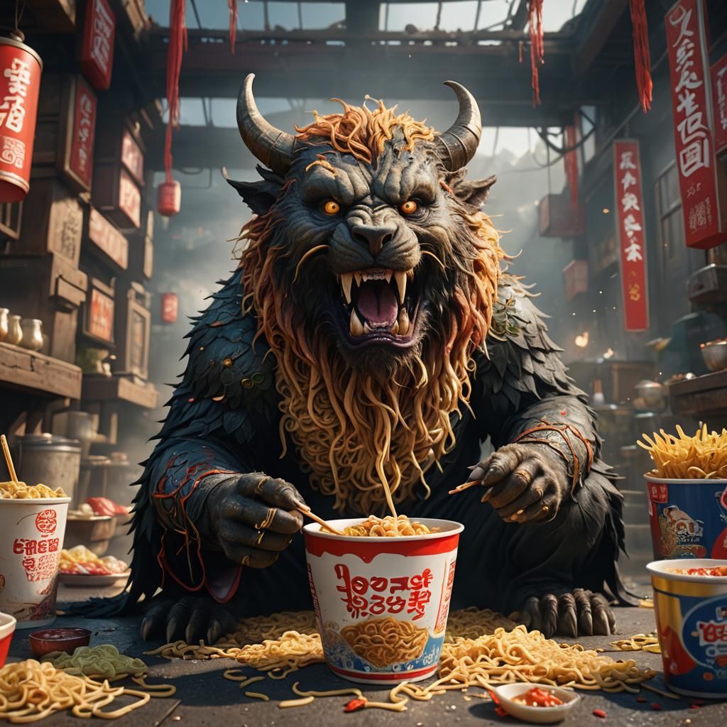 Beast's Lonely Noodle Feast: Detailed Matte Painting
