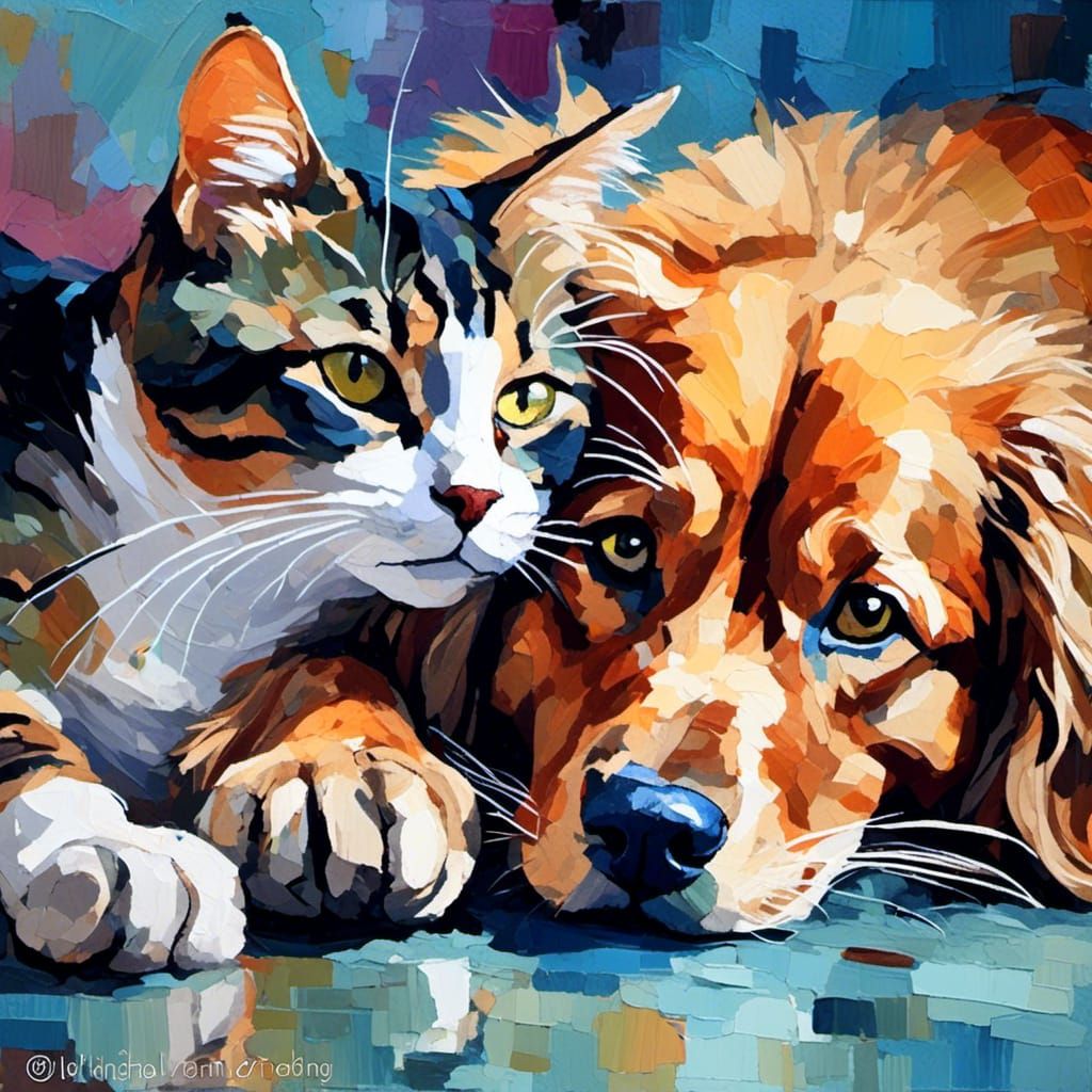 Tabby Cat and Golden Retriever in Impasto Style