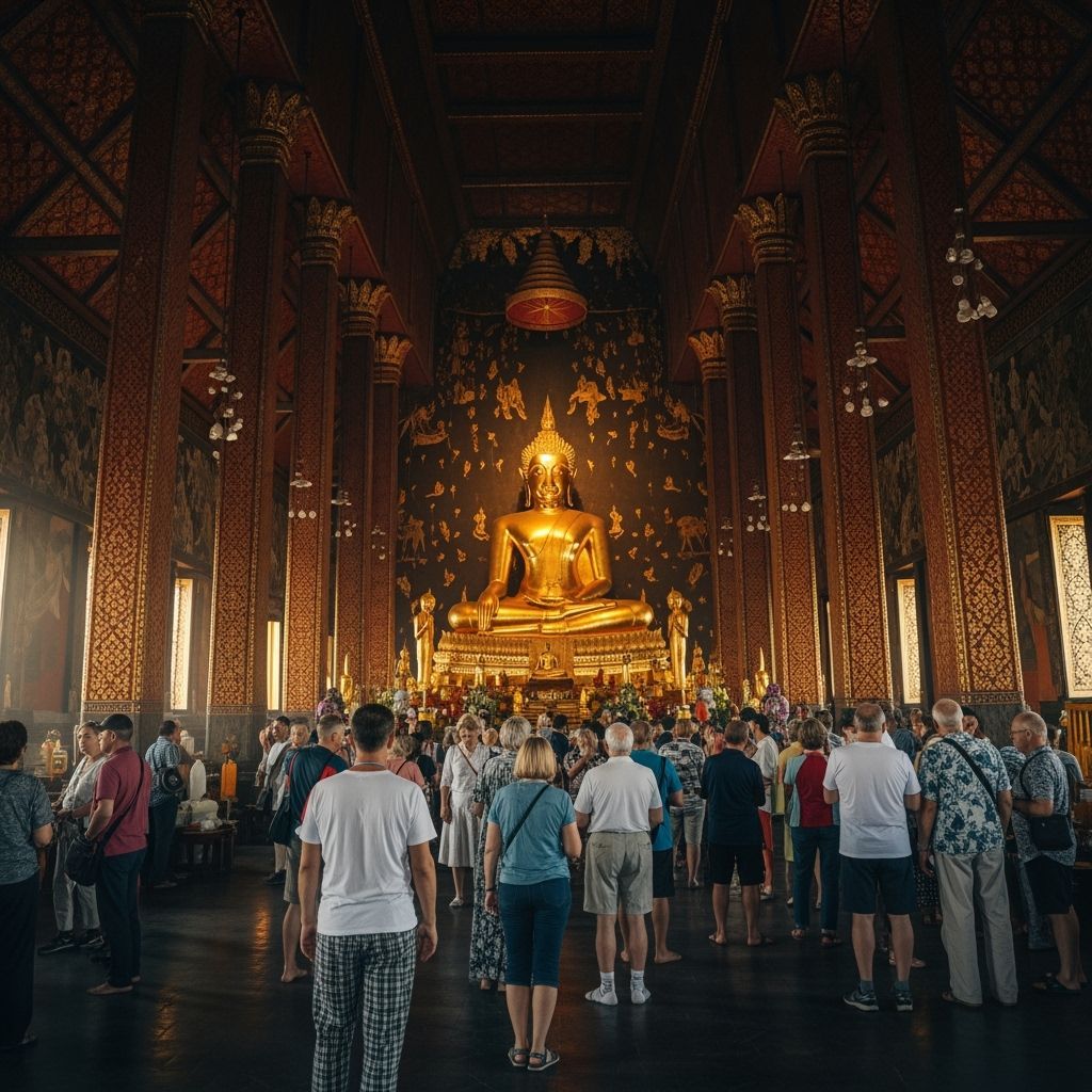 Serene Buddhist Temple Interior with Golden Buddha Statue