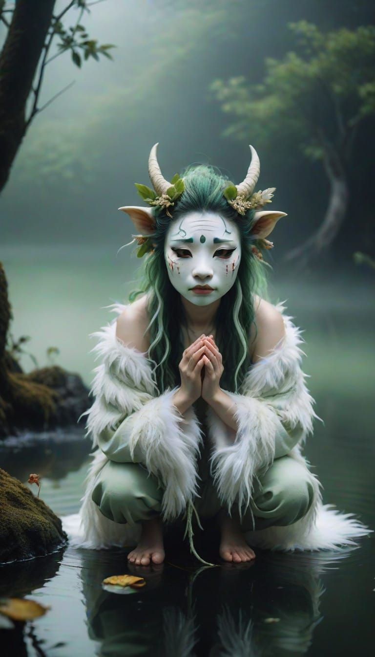 Enchanting Dryad in Traditional Japanese Attire, Surrounded....