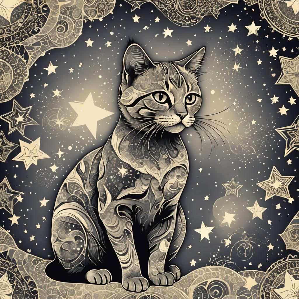Double Exposure Cat Silhouette with Stars