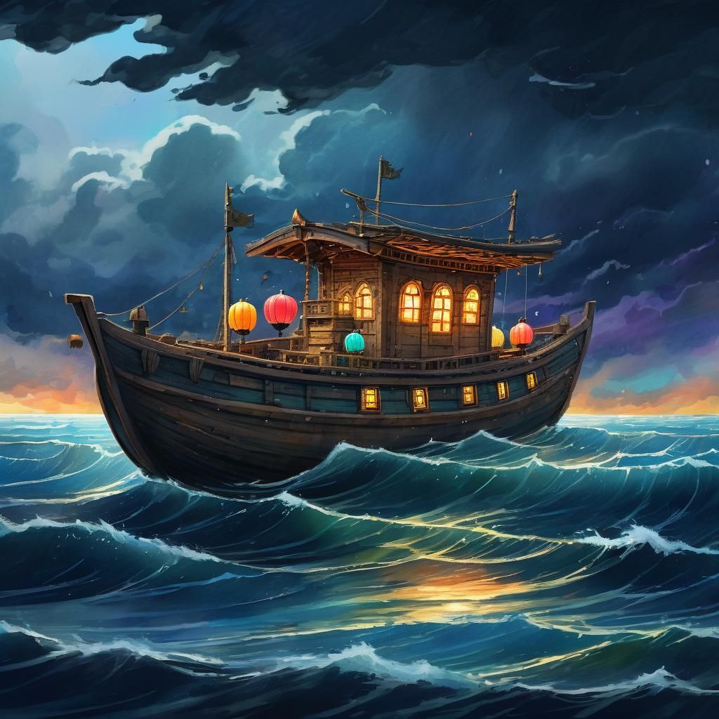 Wooden Ark on Stormy Seas in Miyazaki Style