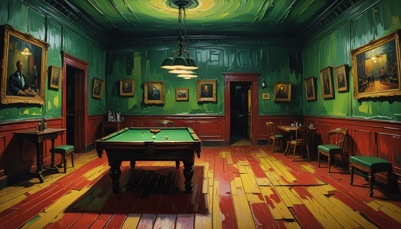Eerie Post-Impressionist Café Scene with Distorted Pool Tabl...