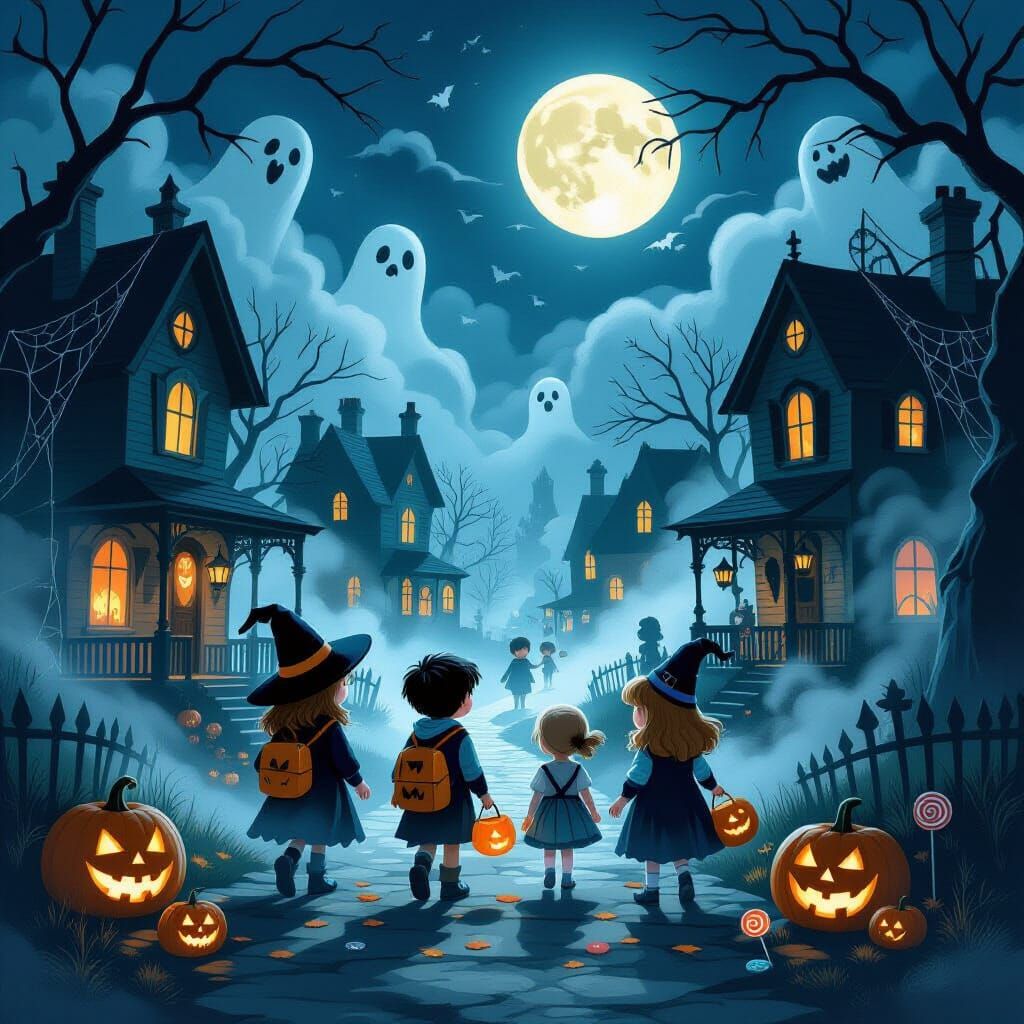 Eerie Halloween Night Illustration with Spooky Costumes