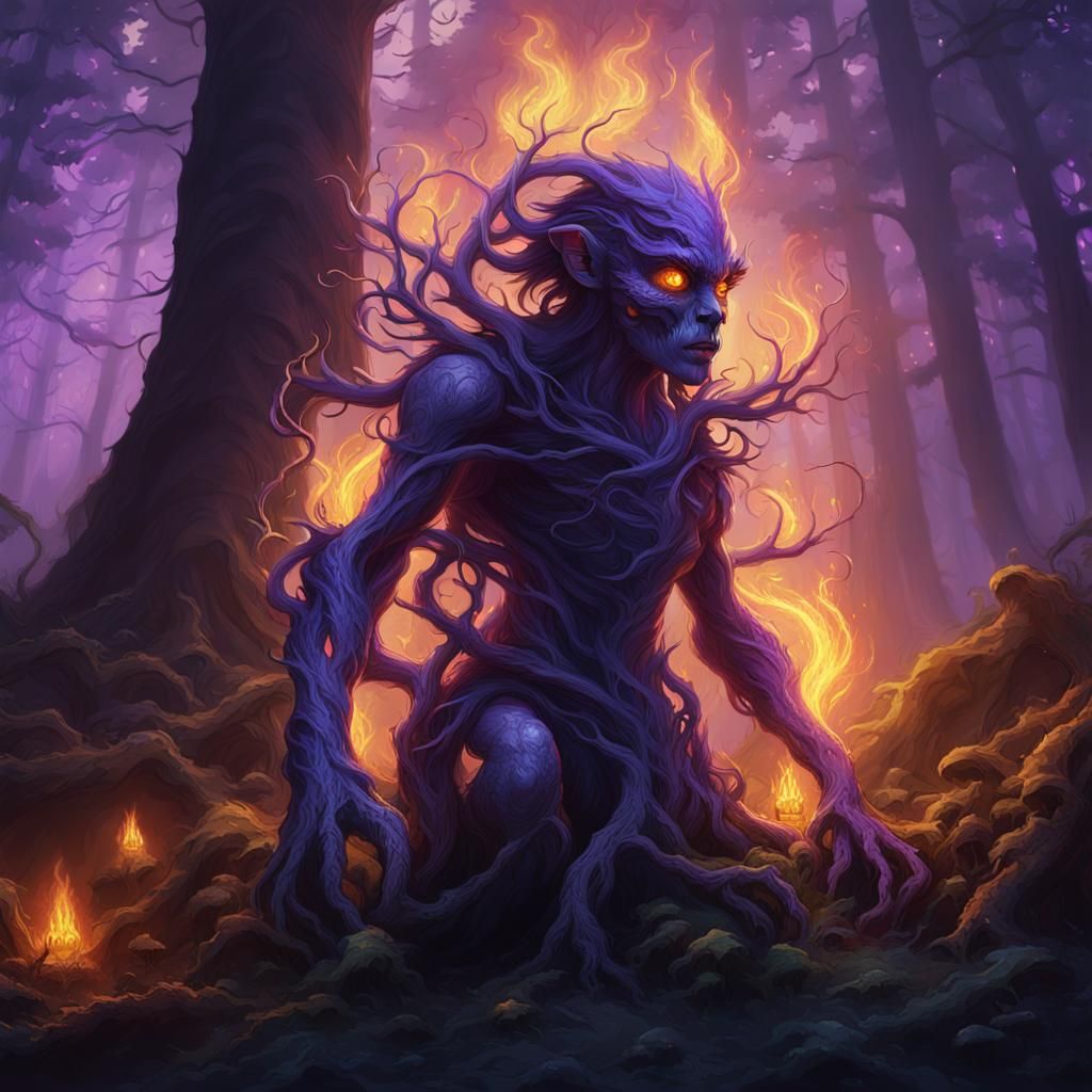 Mystical Fire Sprite in Enchanted Forest: Fantasy Art