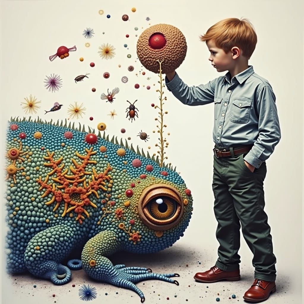 Microscopic Creatures Adorn Giant Lizard Eyeball Painting