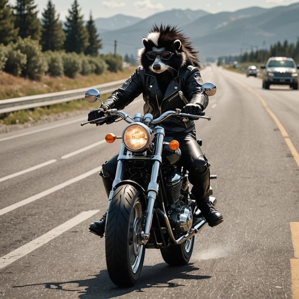 Skunk Rides Motorcycle Down Desert Highway in Vivid Hyper-Re...