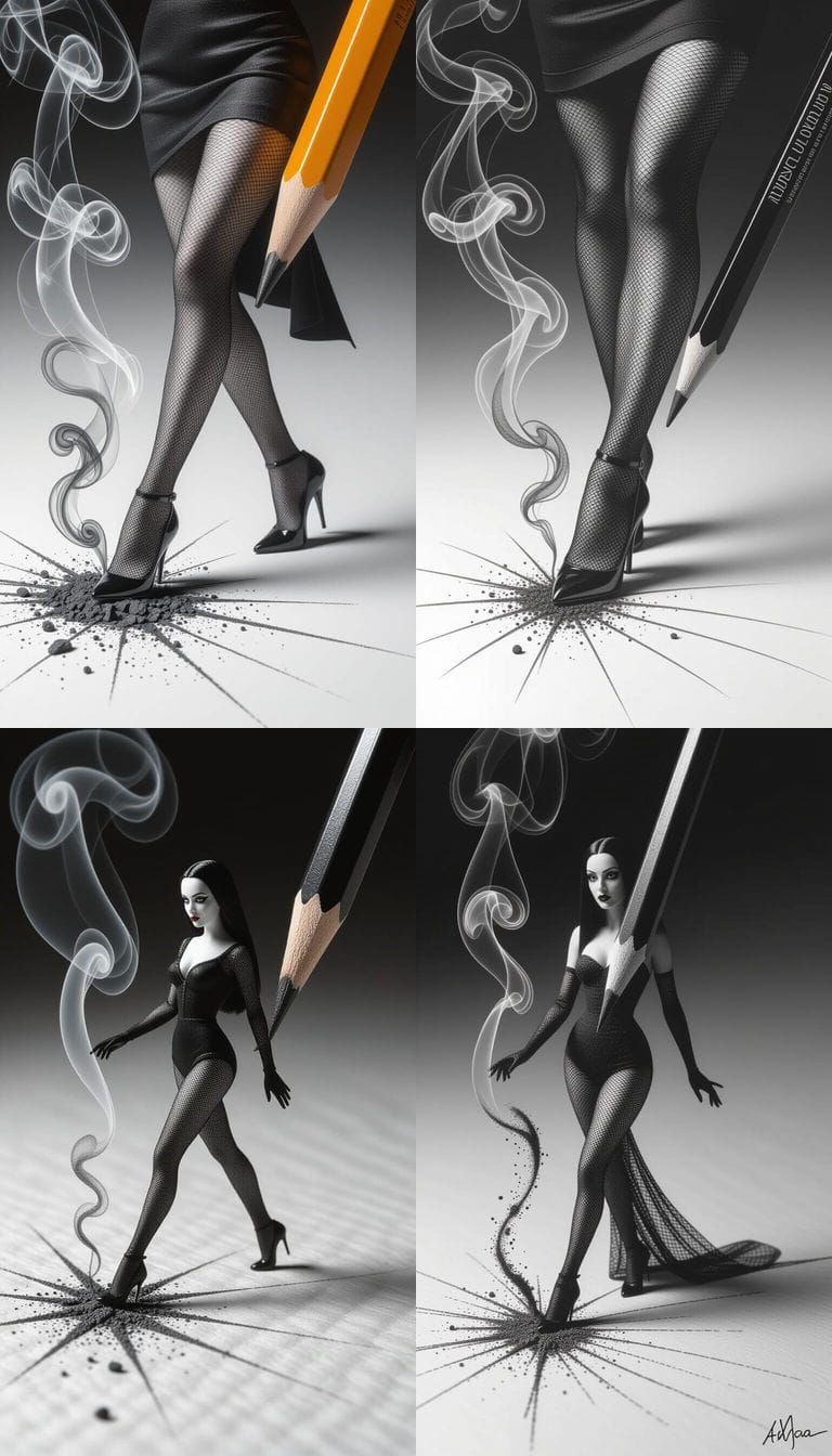 Macro Pencil Sketch of Morticia Addams Coming to Life