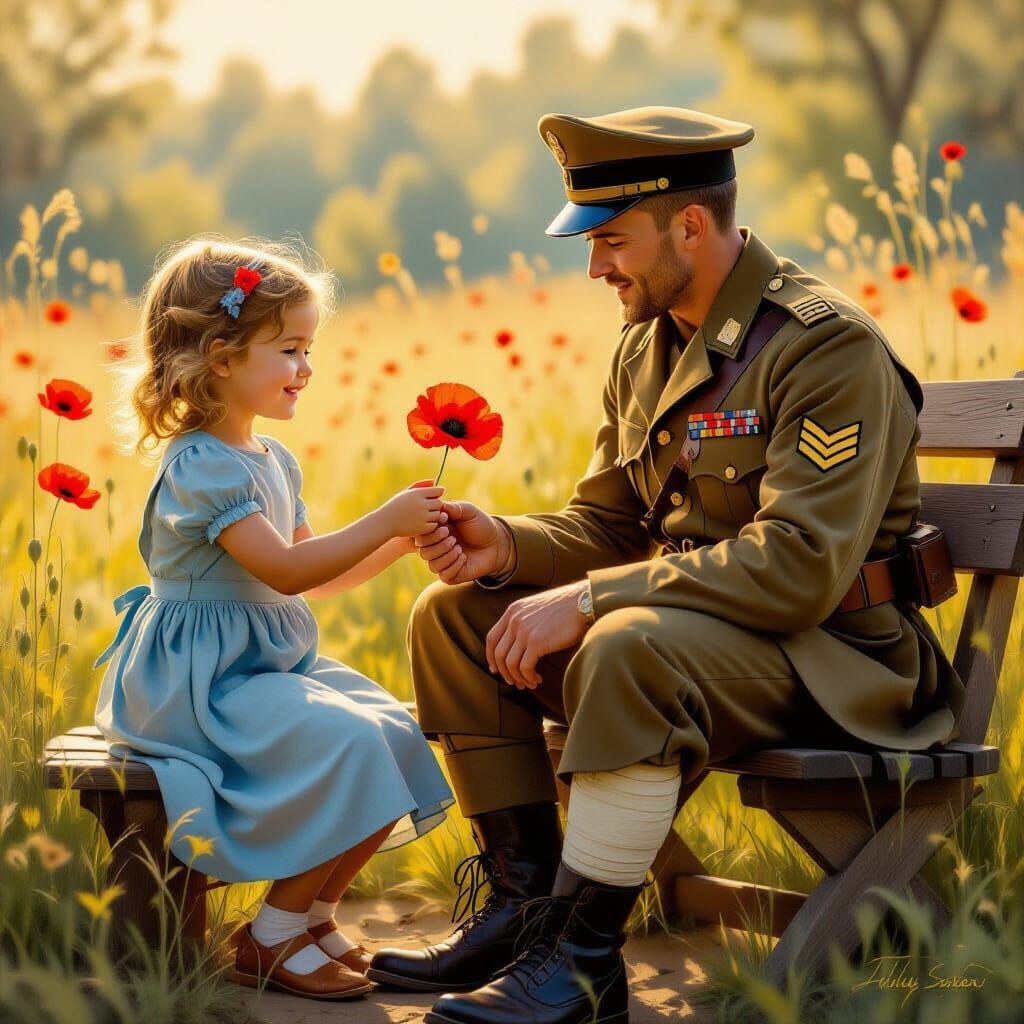 Girl Gives Poppy to Wounded Soldier in Oil Painting
