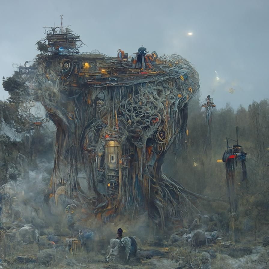 Lovecraftian Restaurant in Giant Tree, Digital Illustration