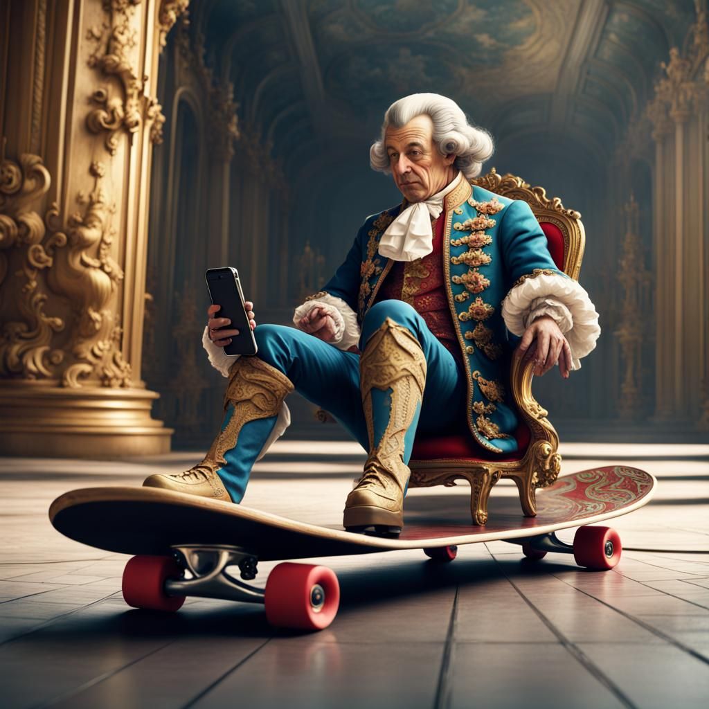 King Louis XV Skateboarding: Detailed Fantasy Art