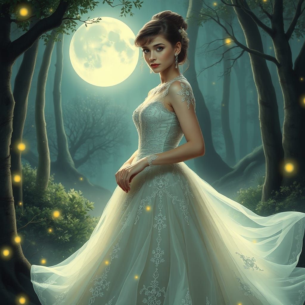 Audrey Hepburn in Moonlit Forest, Digital Painting