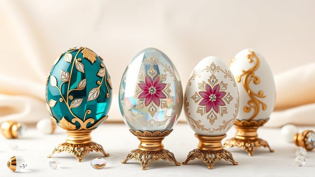 Luxurious Crystal Eggs on Ornate Metallic Stands