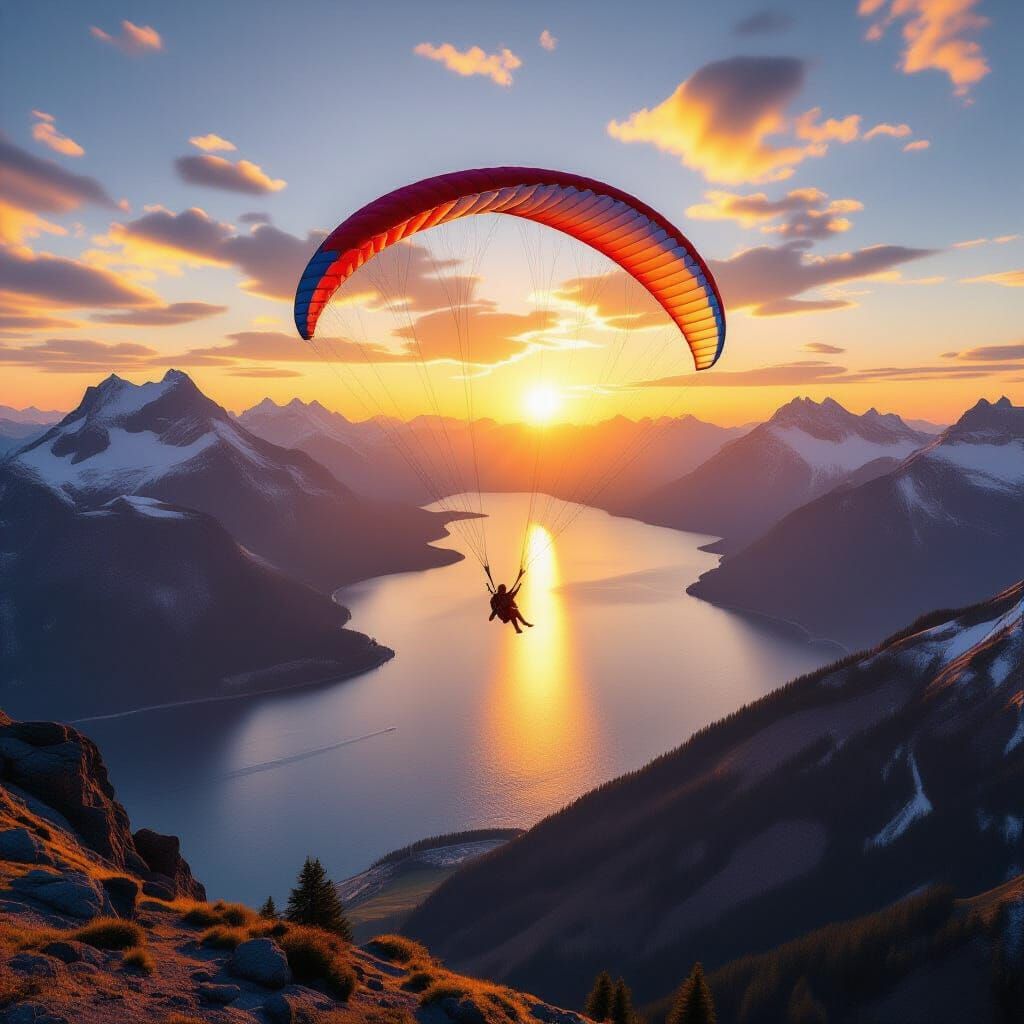 Parachutist Over Mountains and Sea at Golden Hour