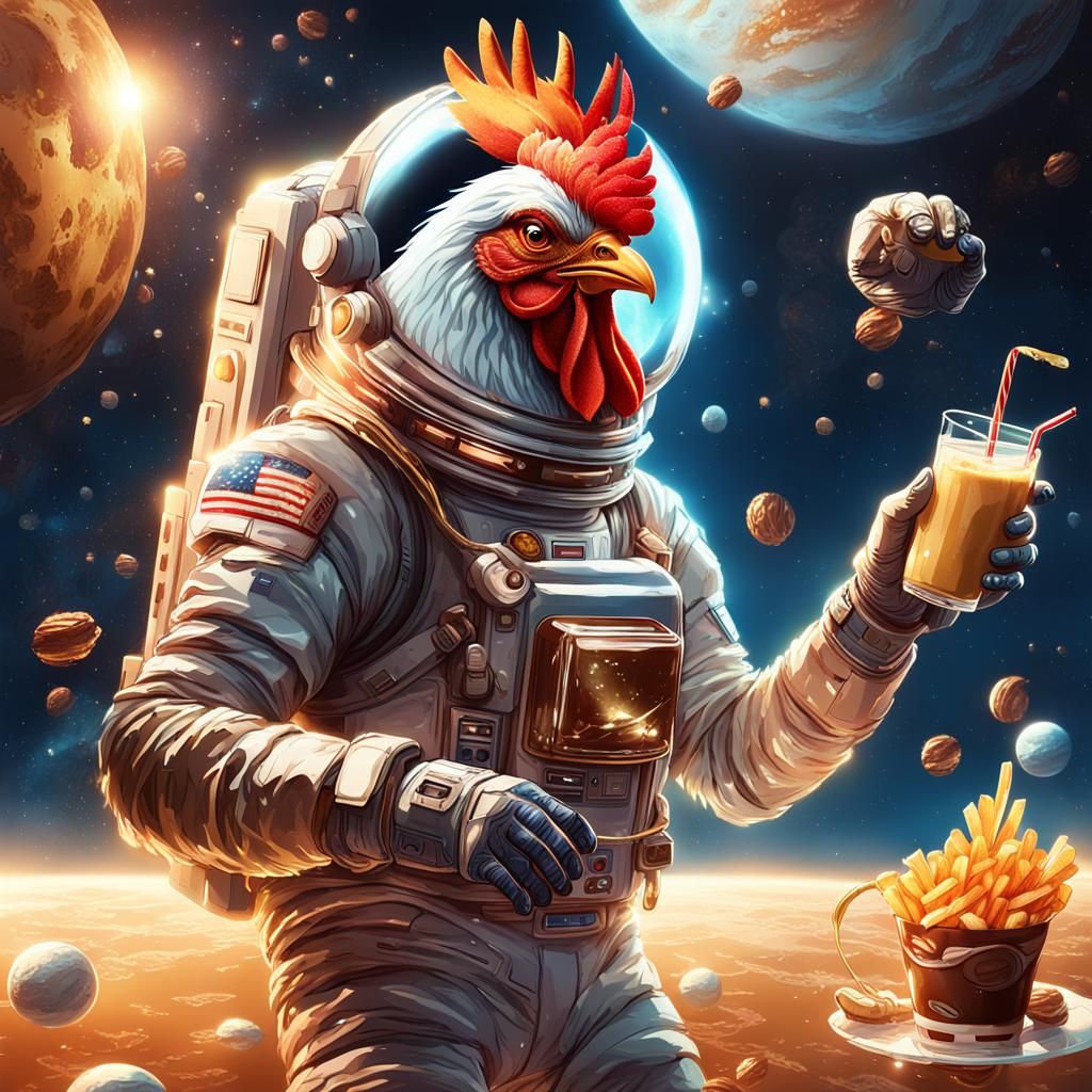 Rooster Astronaut Enjoys Shake in Space: 3D Anime Art