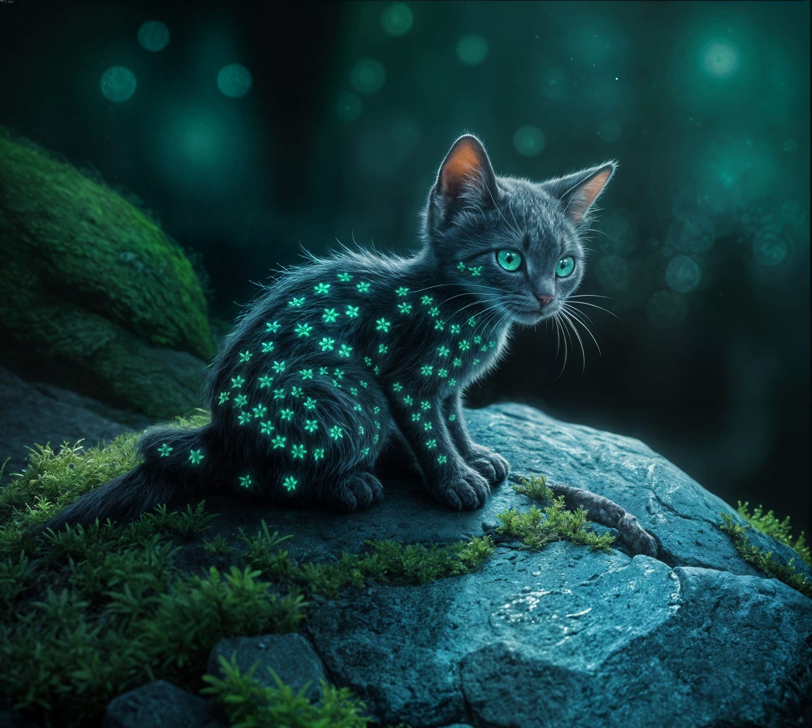 Bioluminescent Feline Shines in Moonlit Forest