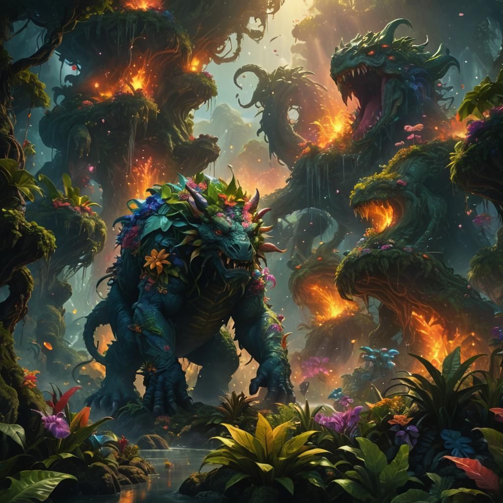 Lush Plant Island with Glowing Monsters