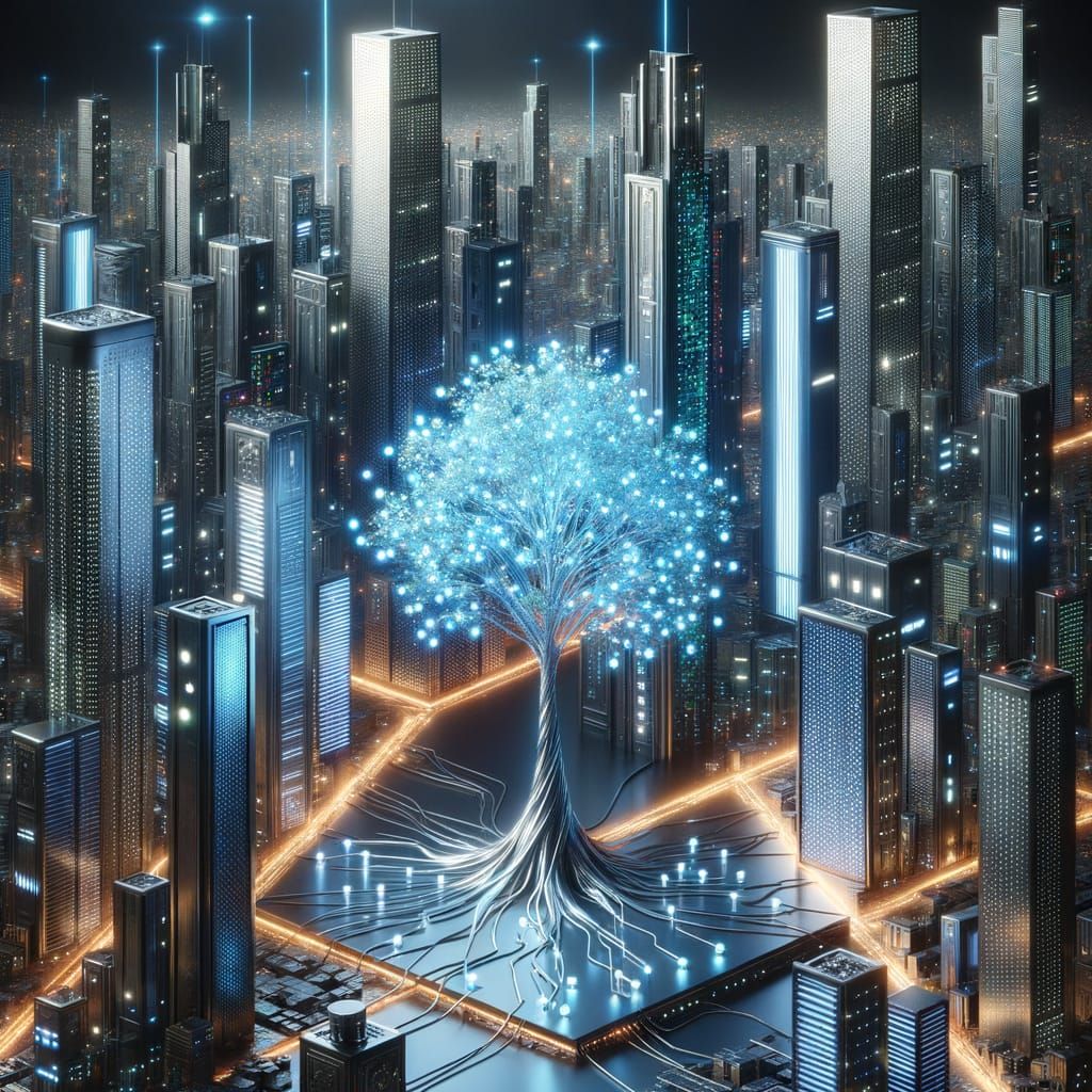 Futuristic Cityscape with Metallic Tree Displaying Data