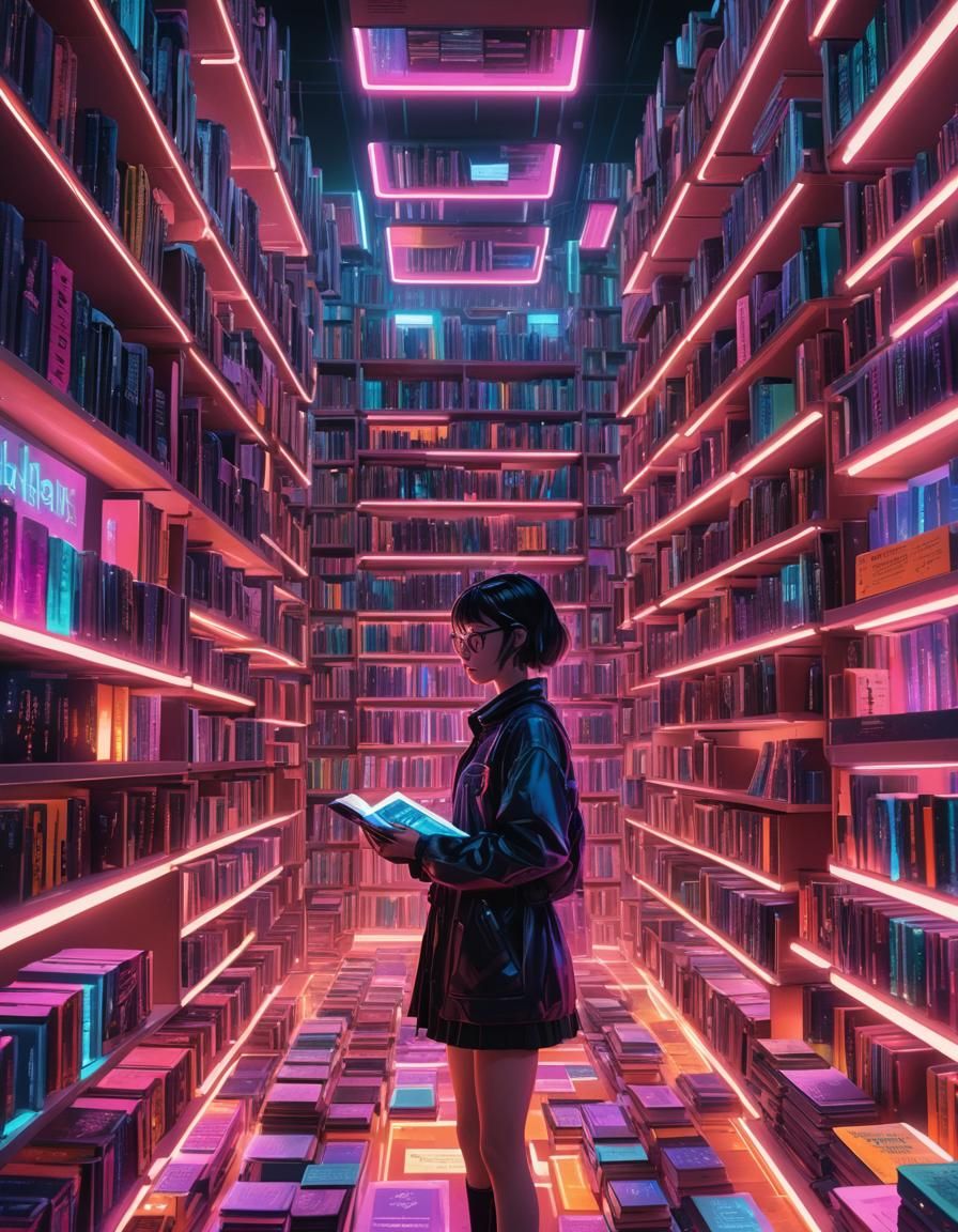 Cyberpunk Librarian in Holographic Archive