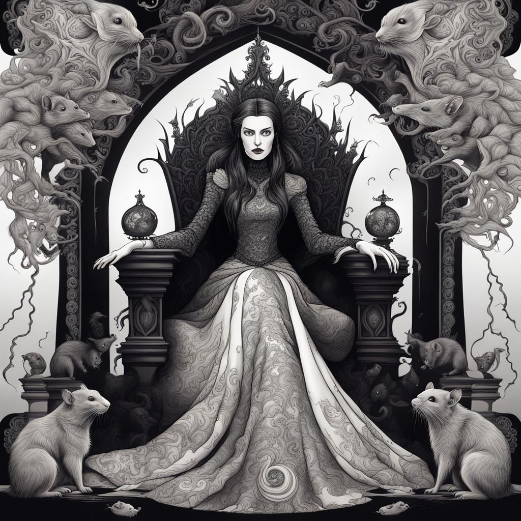 Goth Queen on Throne with Rats in Fractal Art
