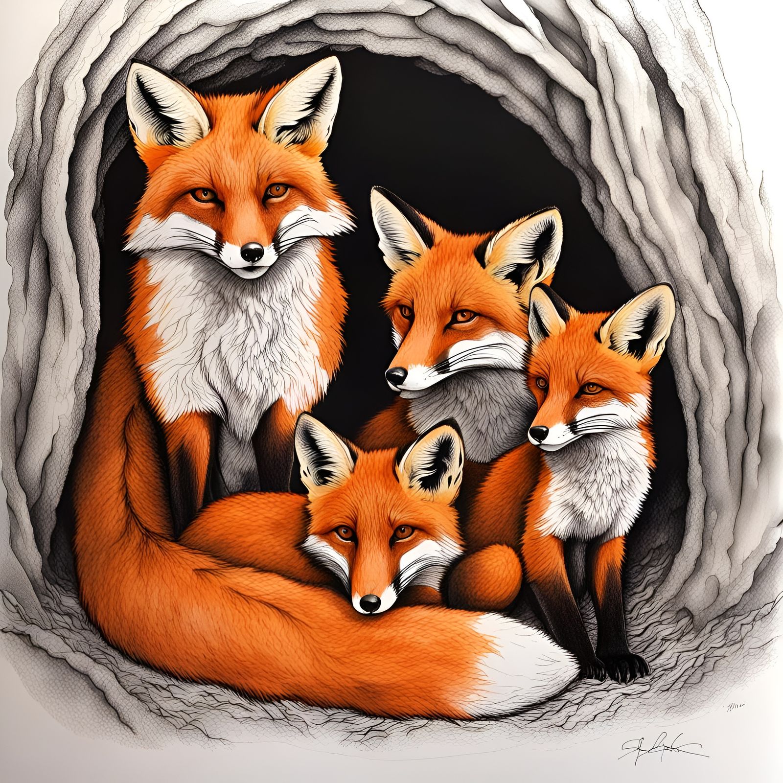 Fox Family in Den: Pen and Ink Illustration
