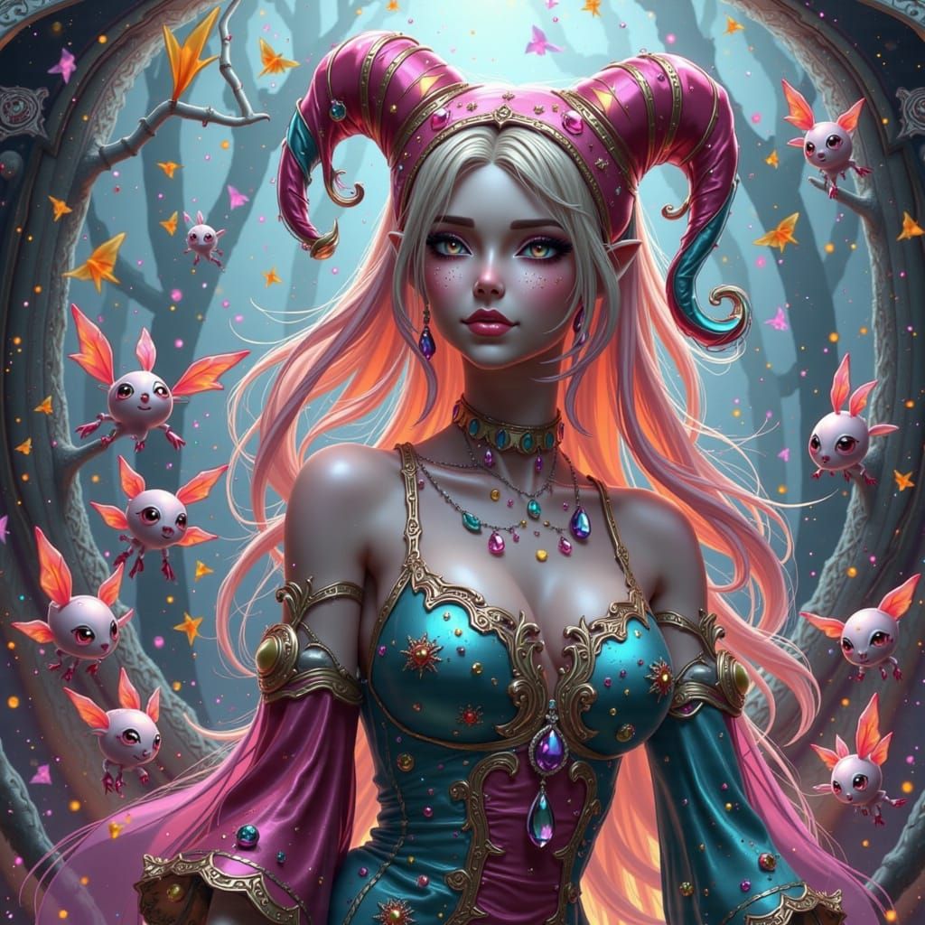 Harley Quinn in Jester Attire with Mystical Creatures