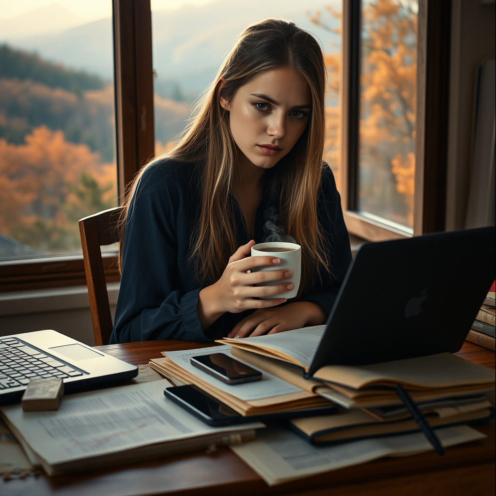 Young Woman with Cocoa at Desk in Autumn