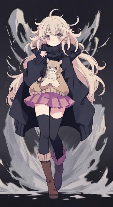 Anime Girl in Sweater, Skirt and Boots