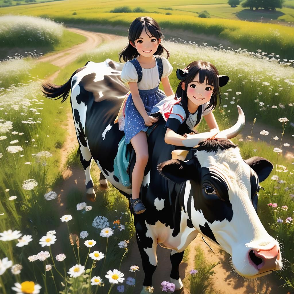 Girl Rides Cow: Whimsical 3D Anime Art