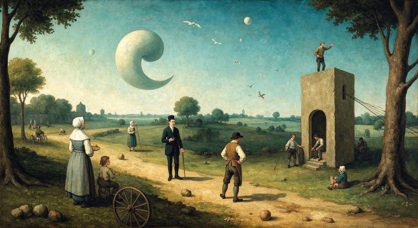 Surreal Belgian Scene: Joker, Thief, and Magritte Influence