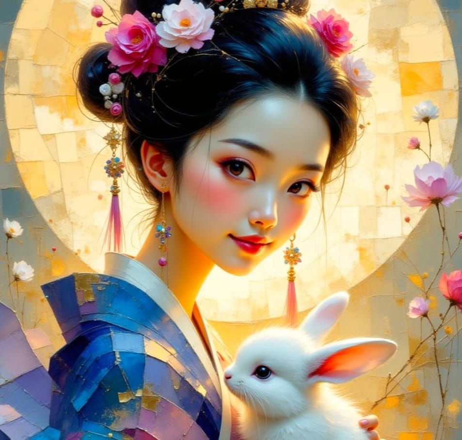 Luminous Chinese Lady with Bunny in Impressionist Style