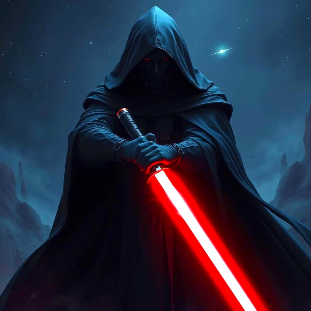 Sith Lord with Red Lightsaber in Sci-Fi Style
