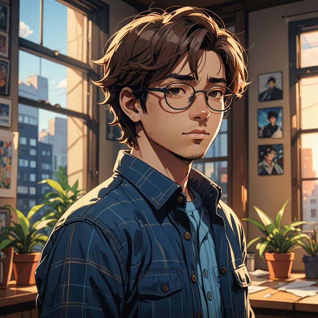 Cinematic Anime Portrait of a Boy in Warm Sunlit Room