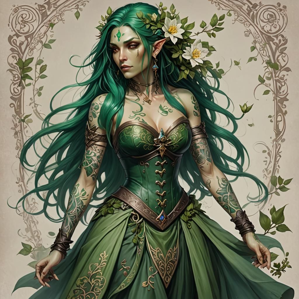 Green-Skinned Spring Eladrin Bard with Floral Hair