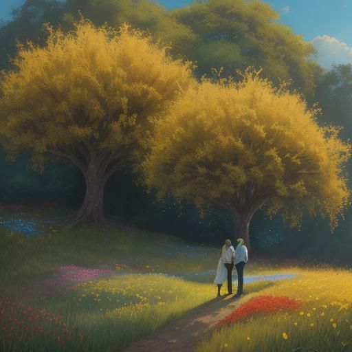 Couple in Flower Field Oil Painting