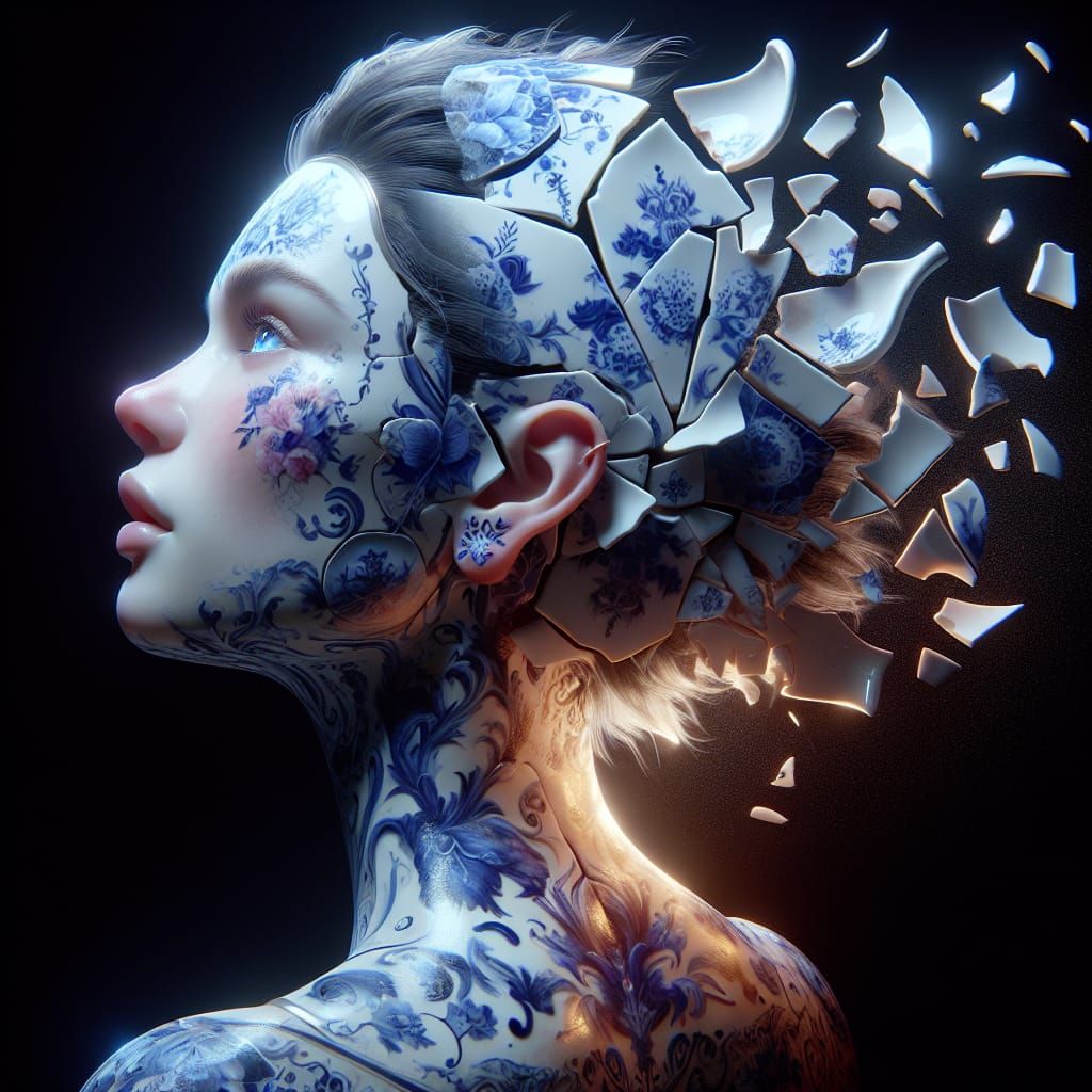 Ethereal Delftware Woman: Porcelain Shard Profile