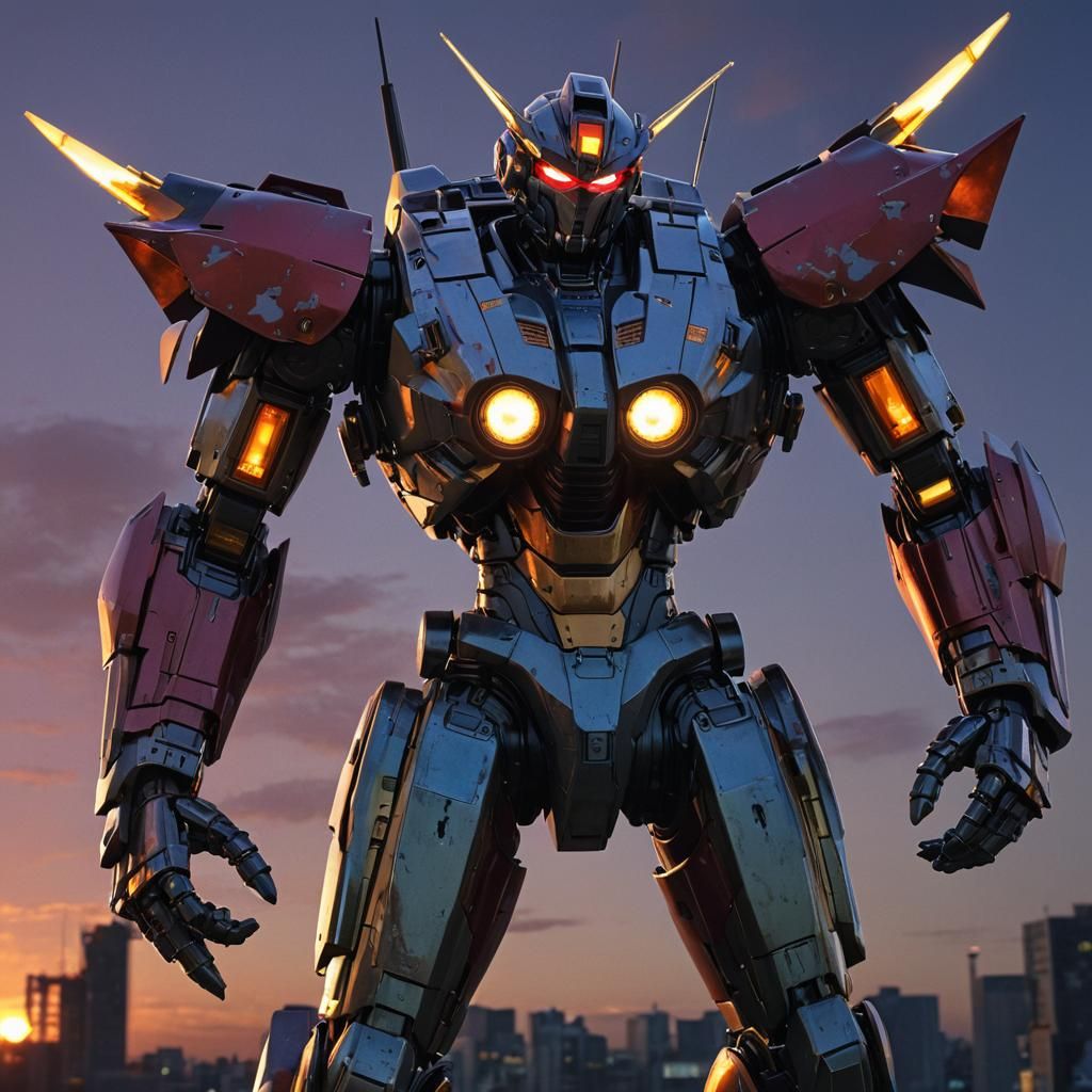 Retro Mecha Robot in Sunset, Volumetric Lighting