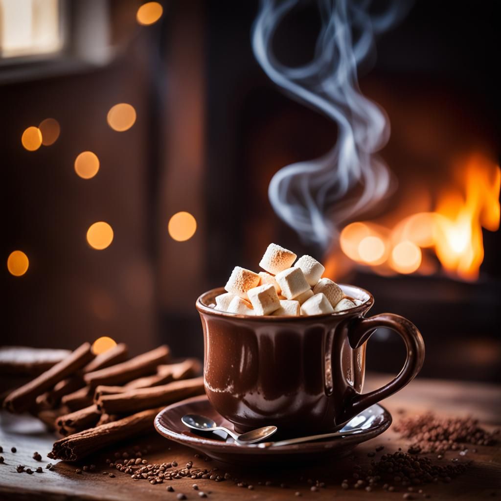Rich Hot Chocolate by Fireplace, Macro Photography