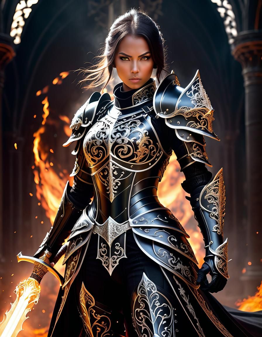 Fierce Knight with Fire Sword in Dynamic Stance