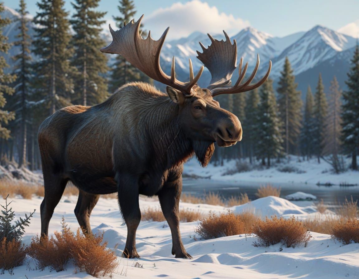 Majestic Bull Moose in Snowy Winter Landscape